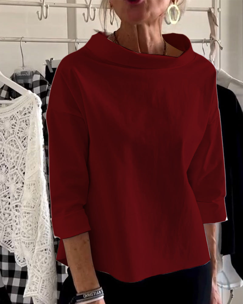 Dame efterårsbluse med høj krave og 3/4-ærmer – Mireille