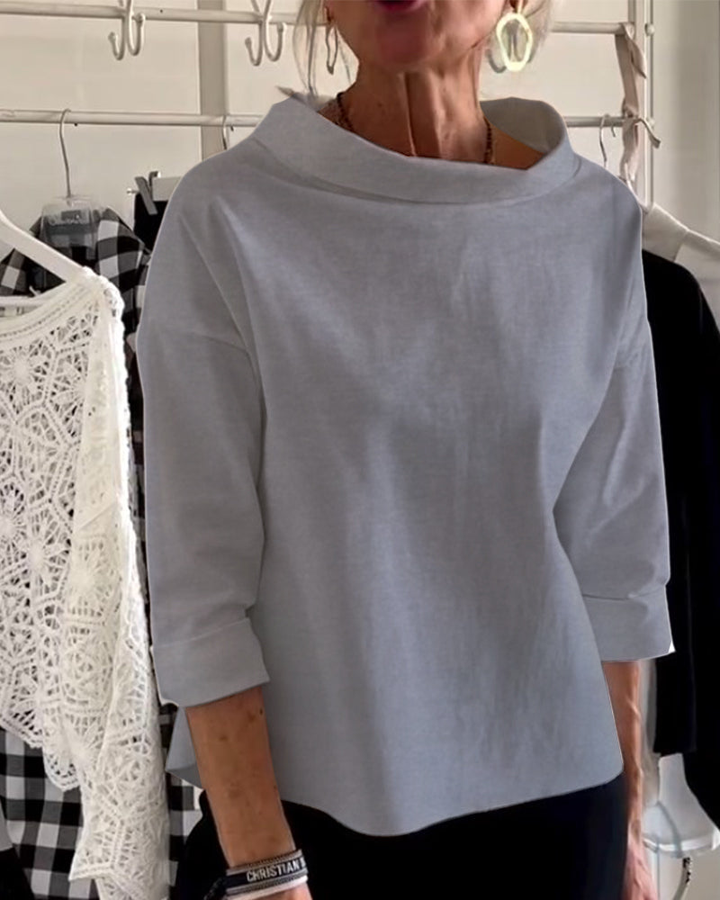 Dame efterårsbluse med høj krave og 3/4-ærmer – Mireille