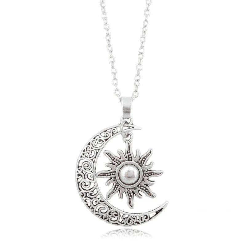 Silberne Halskette mit Sonne-Mond-Anhänger, filigranes Design, Modeschmuck für Damen.