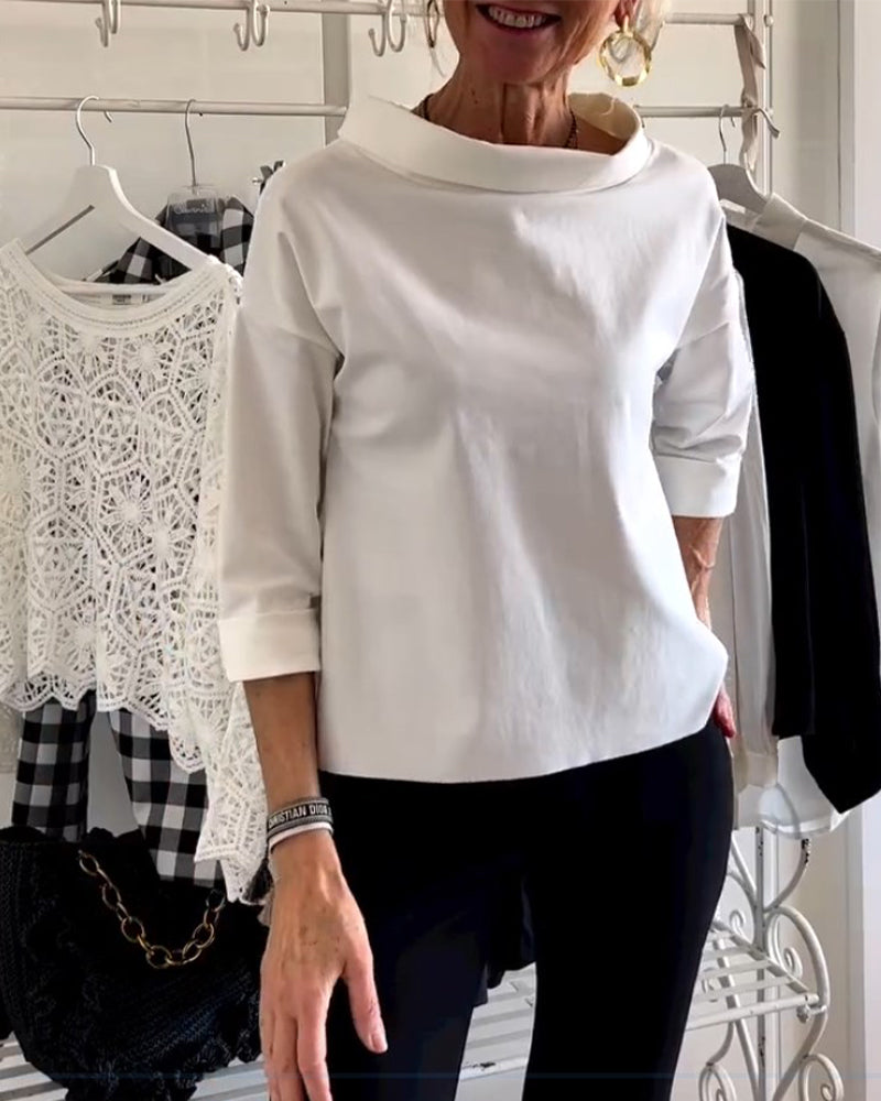 Dame efterårsbluse med høj krave og 3/4-ærmer – Mireille