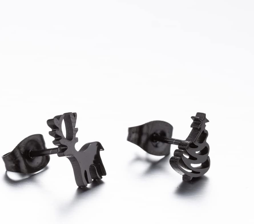Schwarze Edelstahl-Ohrstecker, Rentier- und Tannenbaum-Design, modische Weihnachtsaccessoires.