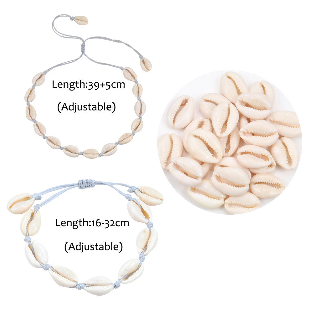 Einstellbares Muschelarmband und Halskette Set, Naturmaterial, Boho-Stil, beige.