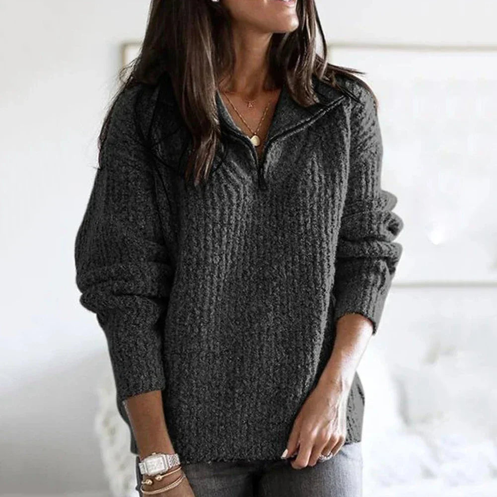 Efterårsstruktureret dame halv-zip sweater med lange ærmer – Noelle