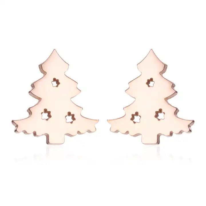 Roségoldene Tannenbaum-Ohrringe, weihnachtlicher Schmuck, Edelstahl, festliche Accessoires.