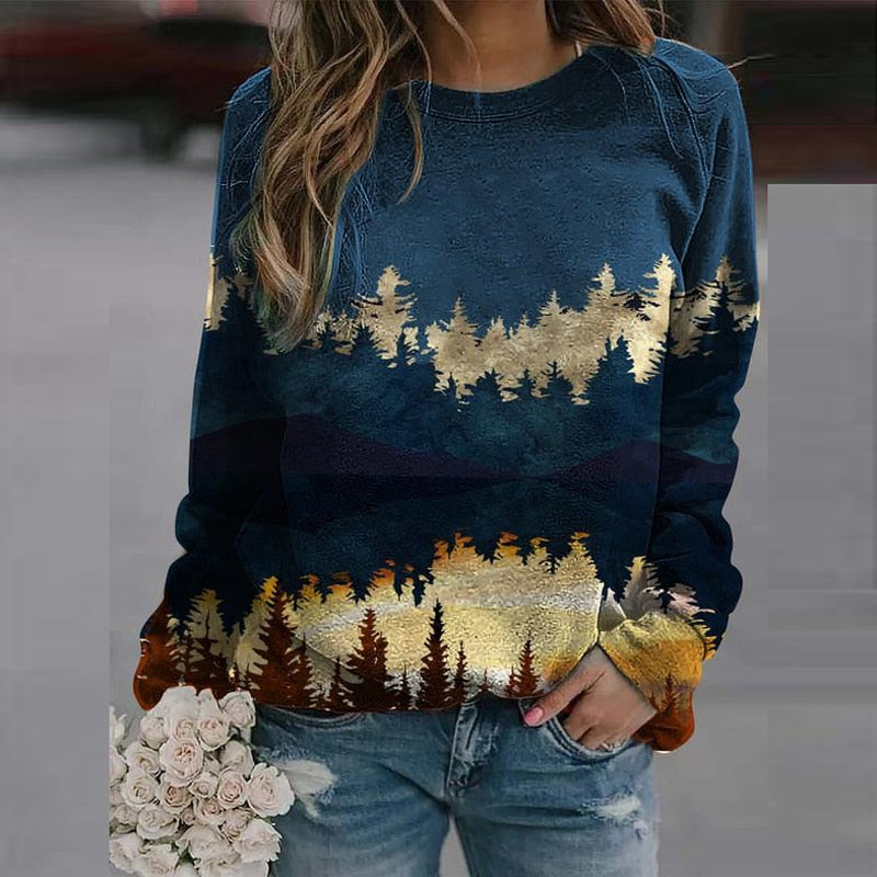 Dame sweater med efterårslanskab print - Alina