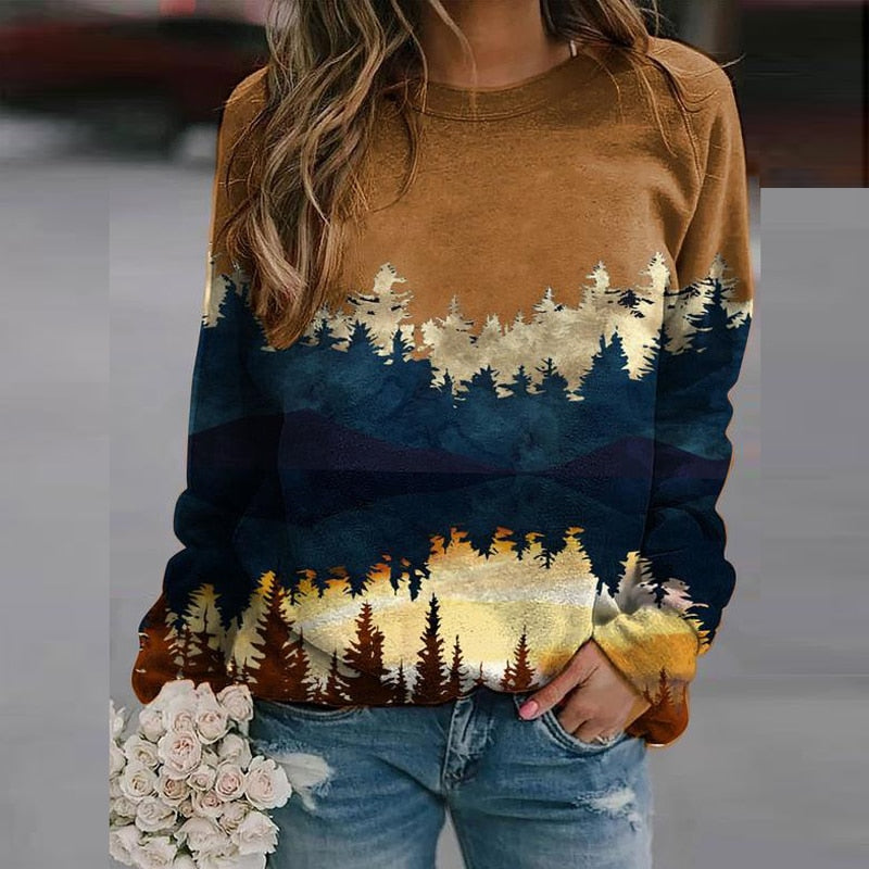 Dame sweater med efterårslanskab print - Alina