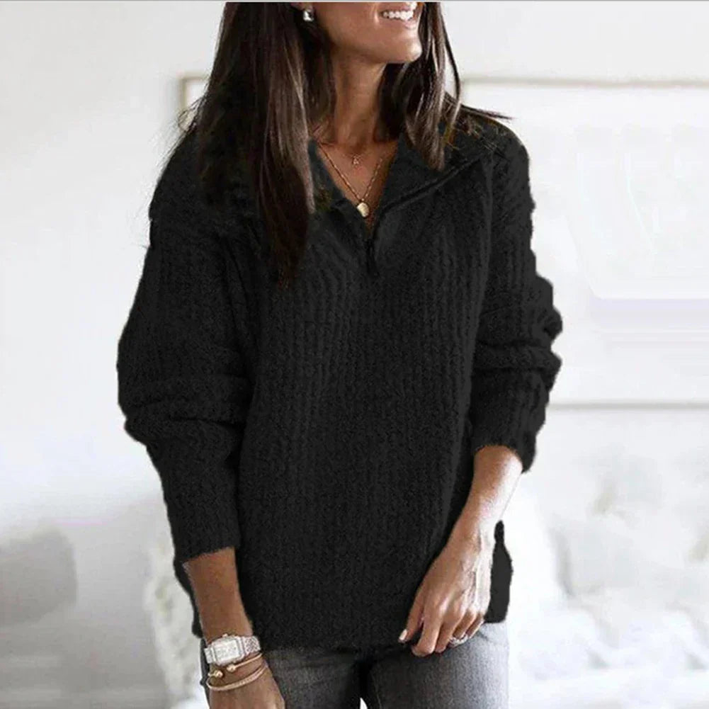 Efterårsstruktureret dame halv-zip sweater med lange ærmer – Noelle