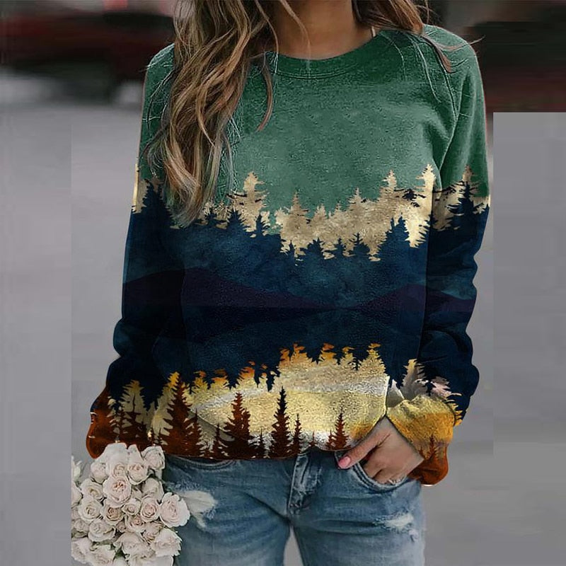 Dame sweater med efterårslanskab print - Alina