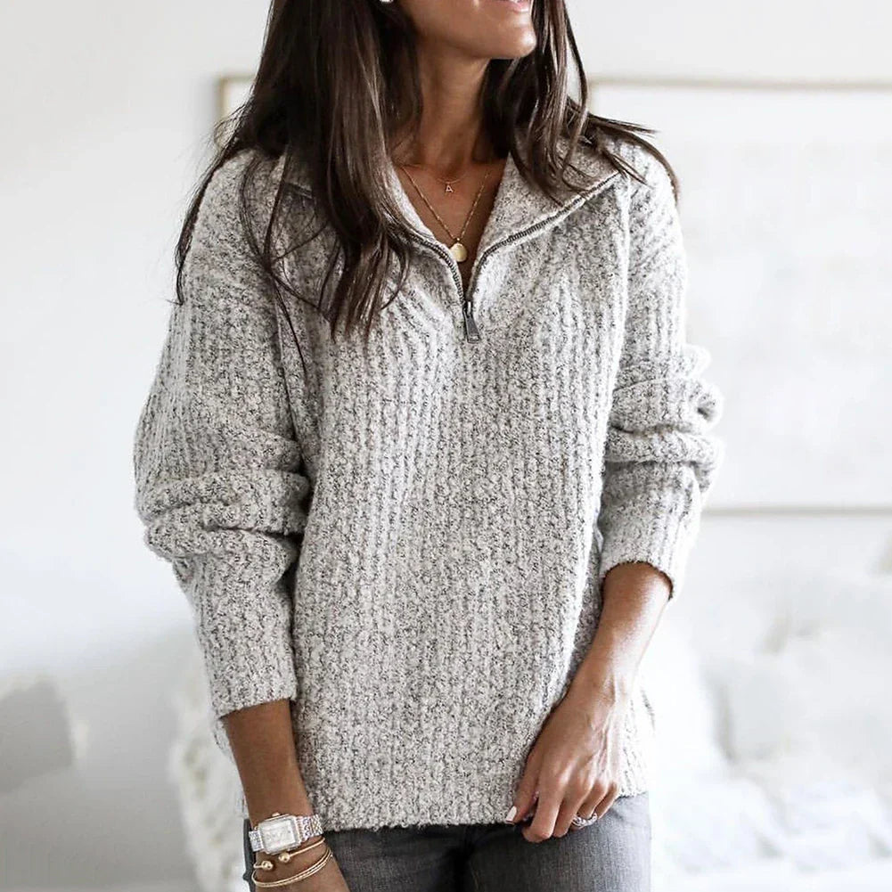 Efterårsstruktureret dame halv-zip sweater med lange ærmer – Noelle