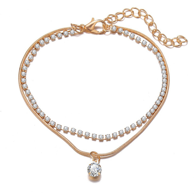 Goldene Boho-Fußkette mit Zirkonia, zweireihig, verstellbar, Damen-Schmuck.