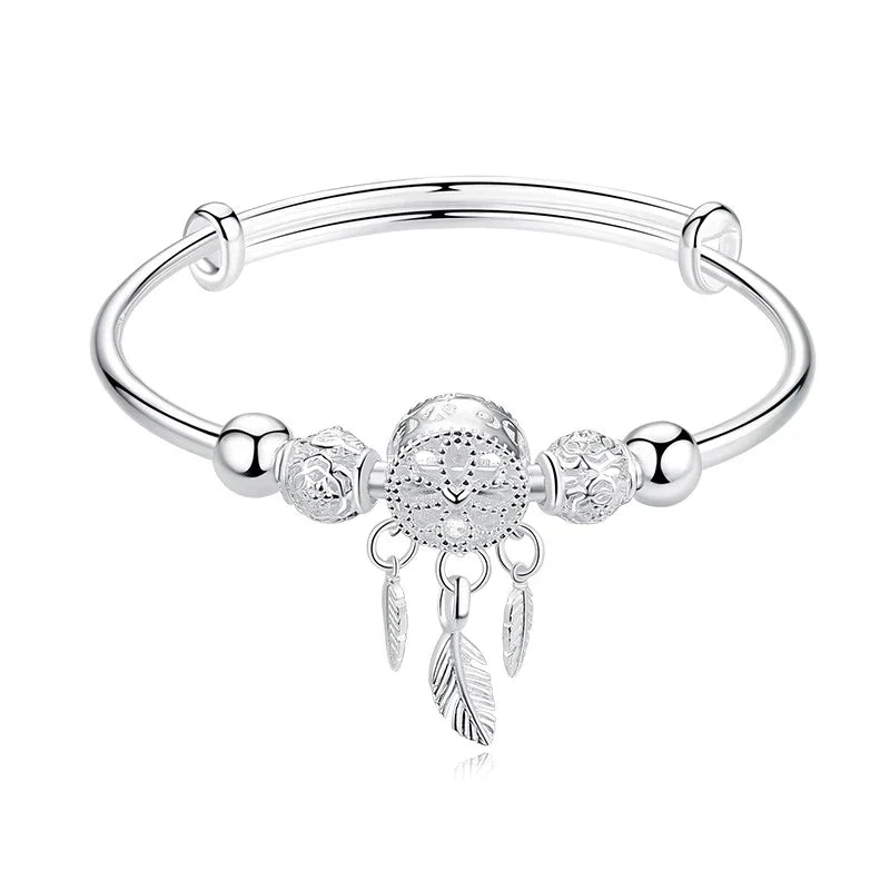 Silbernes Armband mit Eulenanhänger und Federn, Damen Schmuck, verstellbar, modisch.