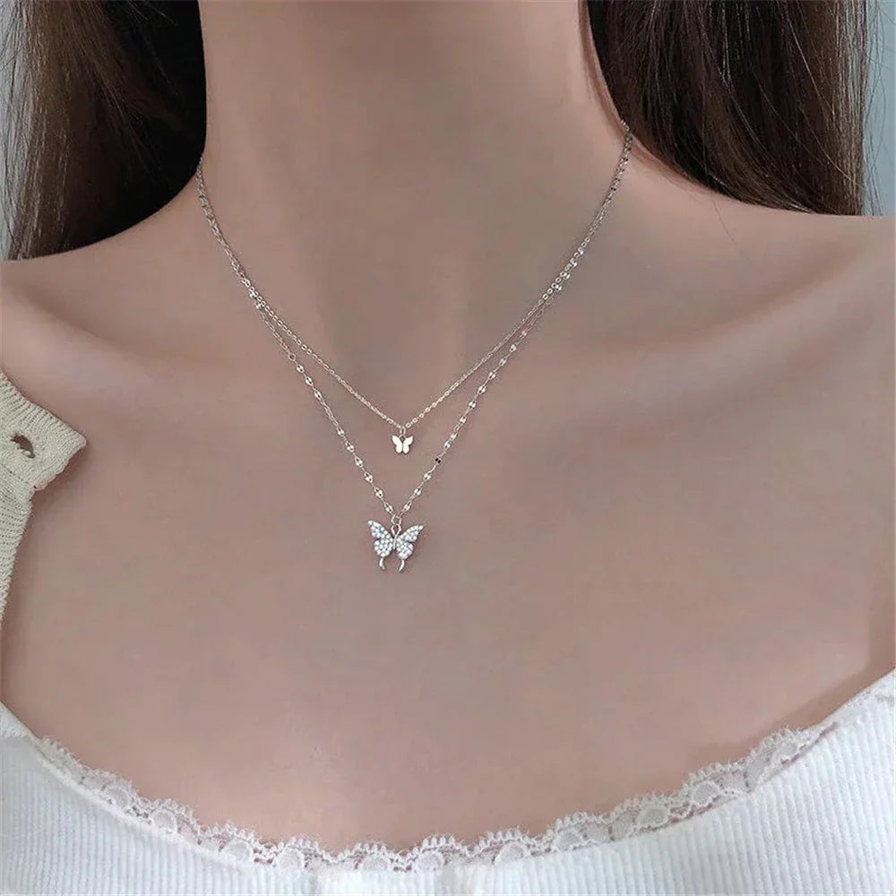 Doppelte Schmetterlingskette, Silber, Damen, modisch, zart, Schmuck, Halskette, Geschenkidee.