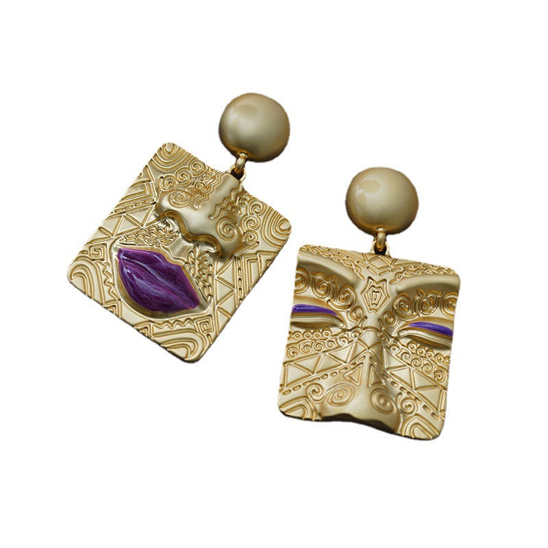 Asymmetrische goldene Ohrringe mit lila Stein, Retro-Design, Messing, Damen-Schmuck.