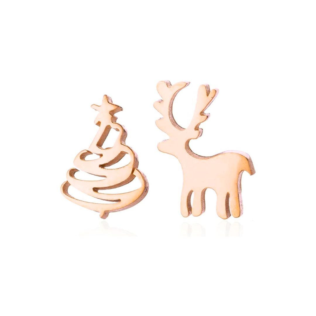 Weihnachtsbaum und Rentier Ohrringe, goldfarben, festlicher Schmuck für Damen.