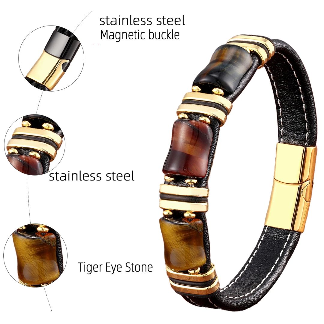 Armband aus Edelstahl und Tigerauge, magnetischer Verschluss, schwarz-gold, Herren-Schmuck.