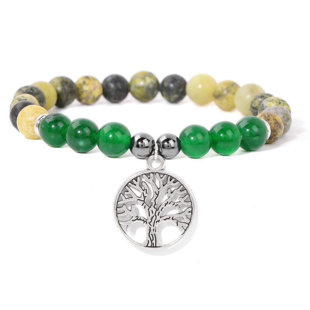 Armband mit grünen und gelben Perlen, Lebensbaum-Anhänger, Edelstein-Schmuck, Unisex-Design.