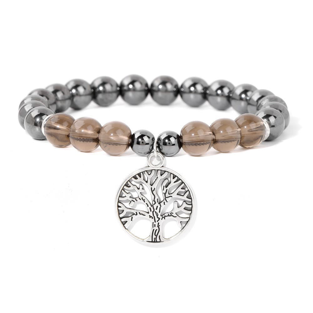 Armband mit Rauchquarz und Hämatit, Lebensbaum-Anhänger, elastisch, Schmuck für Damen und Herren.