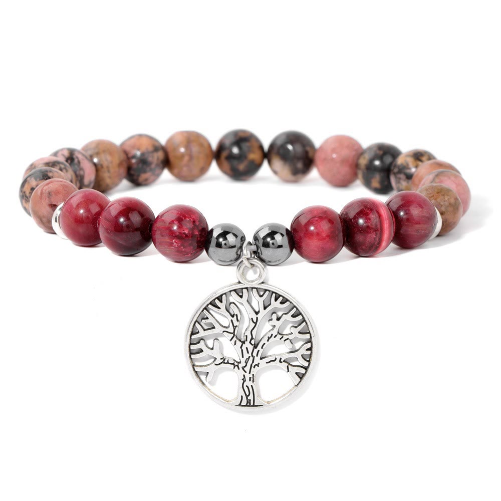Armband mit roten und schwarzen Perlen, Lebensbaum-Anhänger, Schmuck, Edelstein, Damenaccessoire.