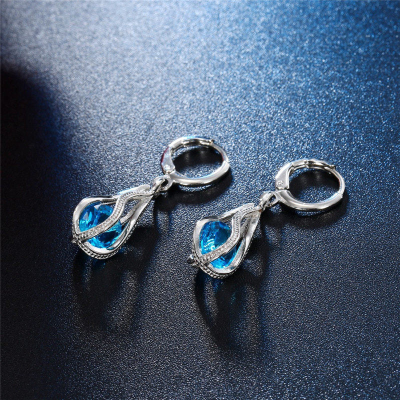Silberne Ohrringe mit blauen Zirkonia, eleganter Schmuck für Frauen, Hochzeit, modisch.
