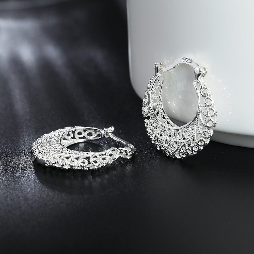 925 Sterling Silber Blume Kreis Hoop Ohrringe, Damen Schmuck, Hochzeitstrend.