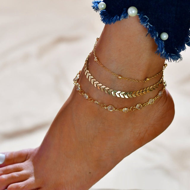 Goldene Boho-Fußkette mit Zirkonia, Damen-Schmuck, modische Knöchelarmbänder.