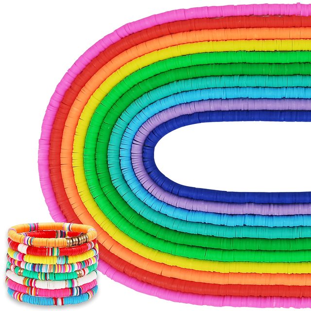 Bunte Heishi-Perlen aus Polymer Clay, 6mm, für Schmuckherstellung, Regenbogenfarben.