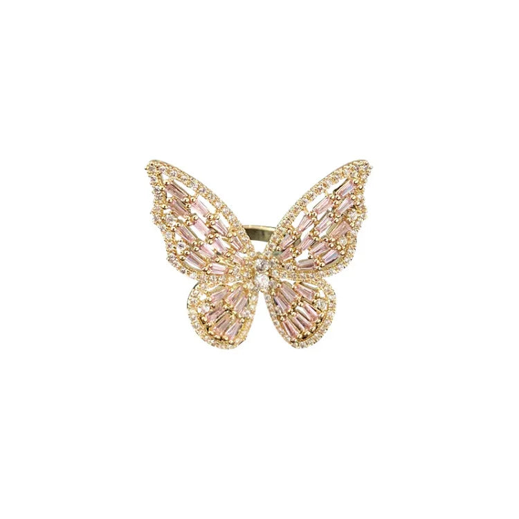 Schmetterling-Ring, goldfarben, mit rosa Kristallen, eleganter Schmuck, Damenaccessoire.
