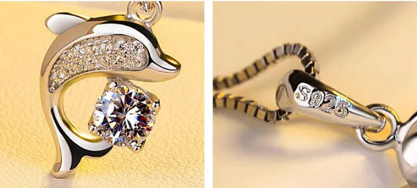 Delfin-Anhänger aus 925er Silber mit Zirkonia, glänzend, eleganter Schmuck für Damen.