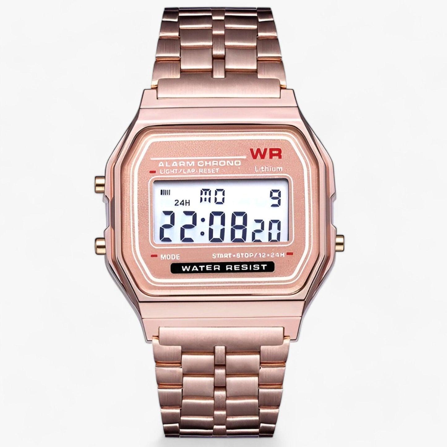 Roségoldene Digitaluhr mit Edelstahlarmband, wasserdicht, Alarmfunktion, LED-Anzeige.
