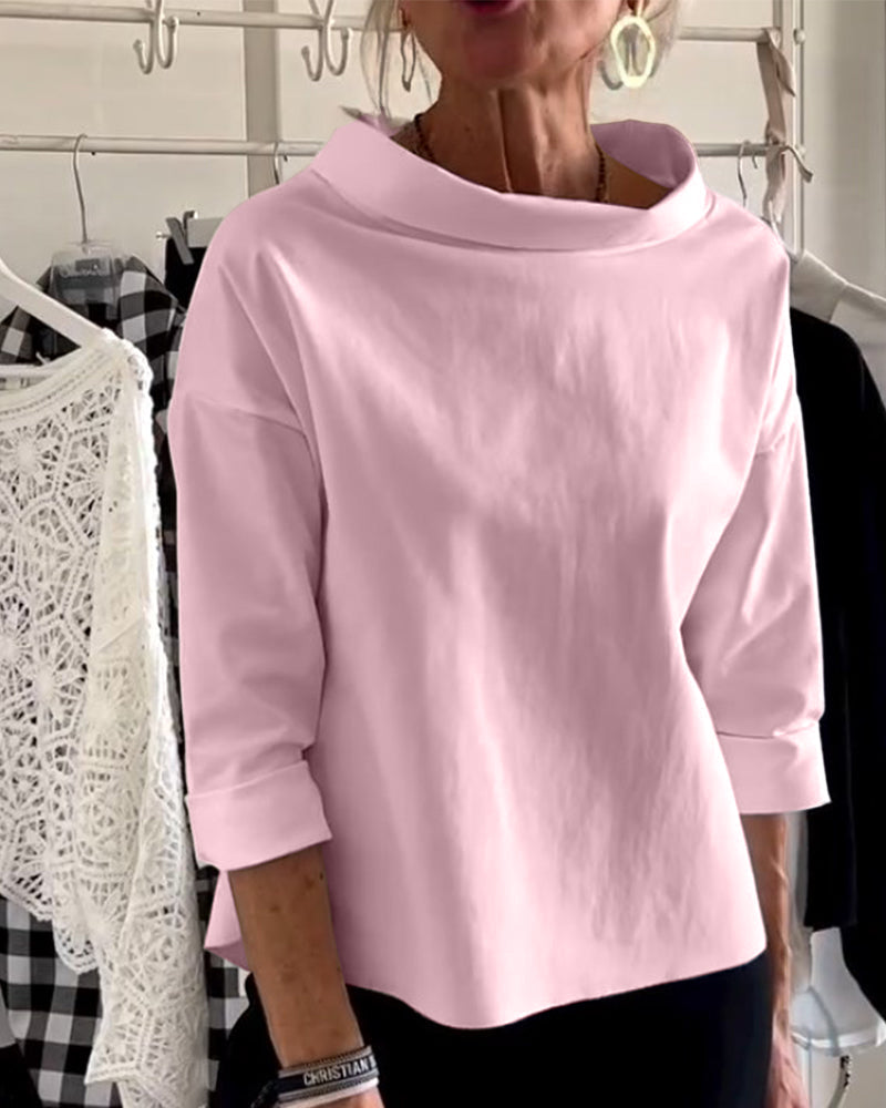 Dame efterårsbluse med høj krave og 3/4-ærmer – Mireille