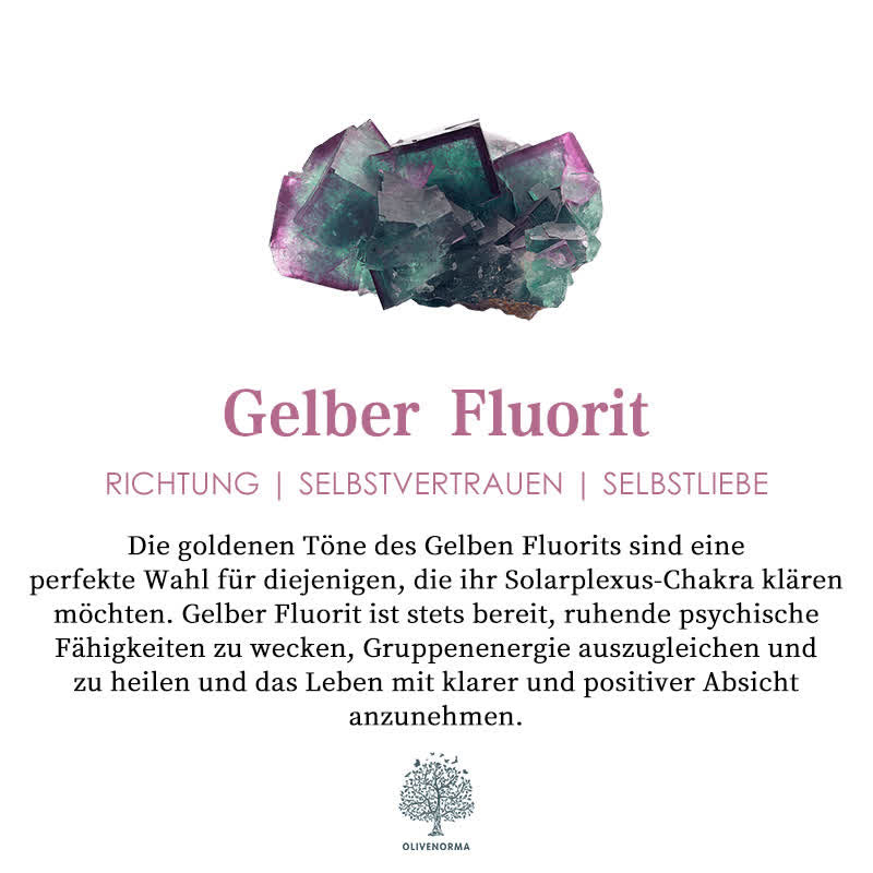 Gelber Fluorit Kristall, spirituelle Heilung, Solarplexus-Chakra, Selbstvertrauen stärken.