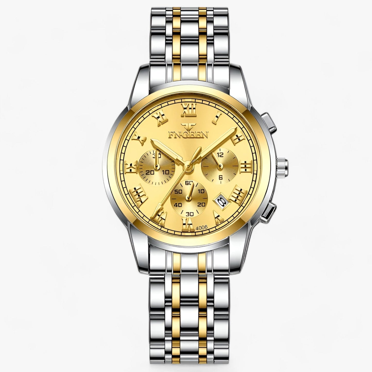Luxus Herrenarmbanduhr, gold-silbernes Edelstahlarmband, Chronograph, elegantes Design