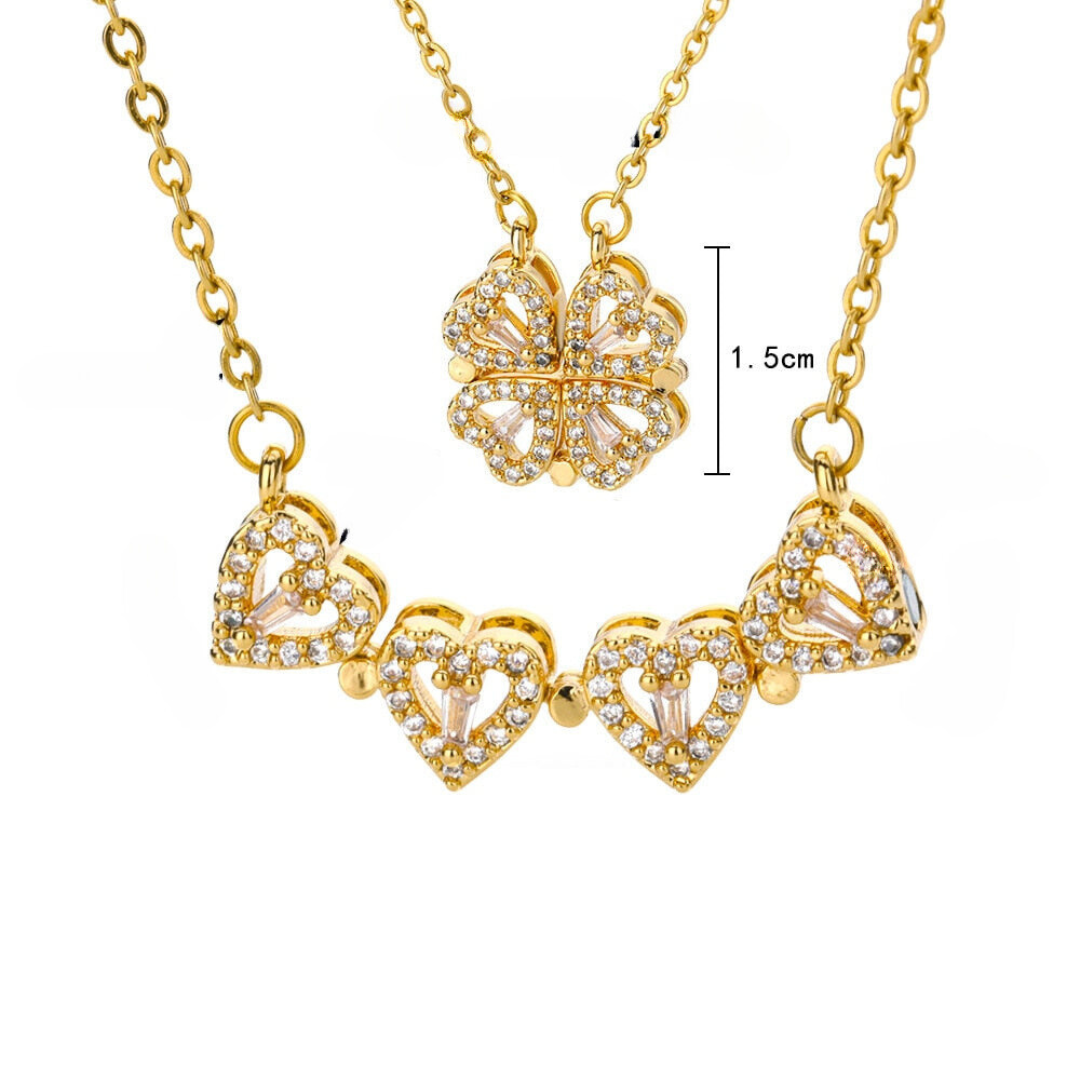 Goldene Halskette mit herzförmigen Anhängern, Strasssteinen, 1,5 cm, modisches Schmuckdesign.