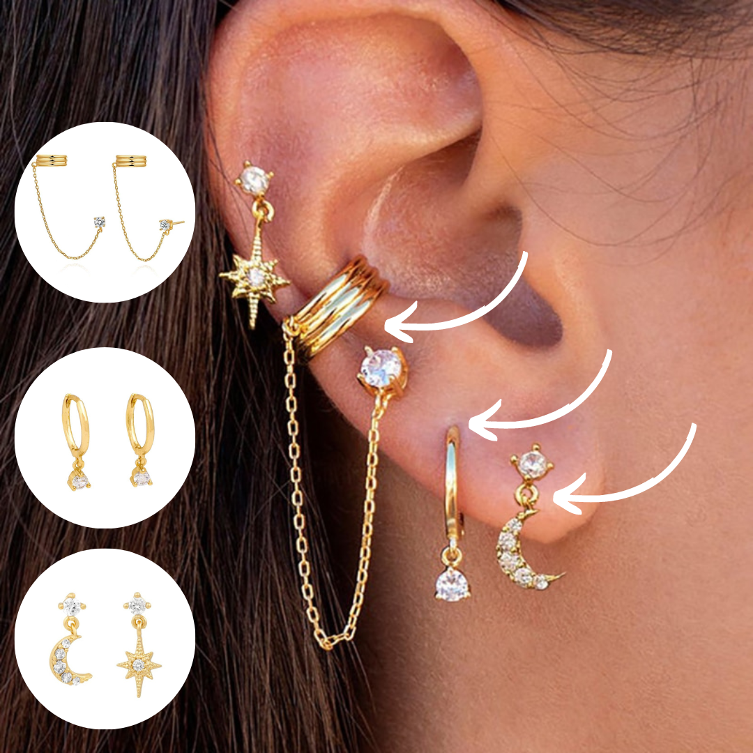 Goldene Ohrringe Set mit Stern- und Mondanhängern, Zirkonia, modisch, Damen-Schmuck.