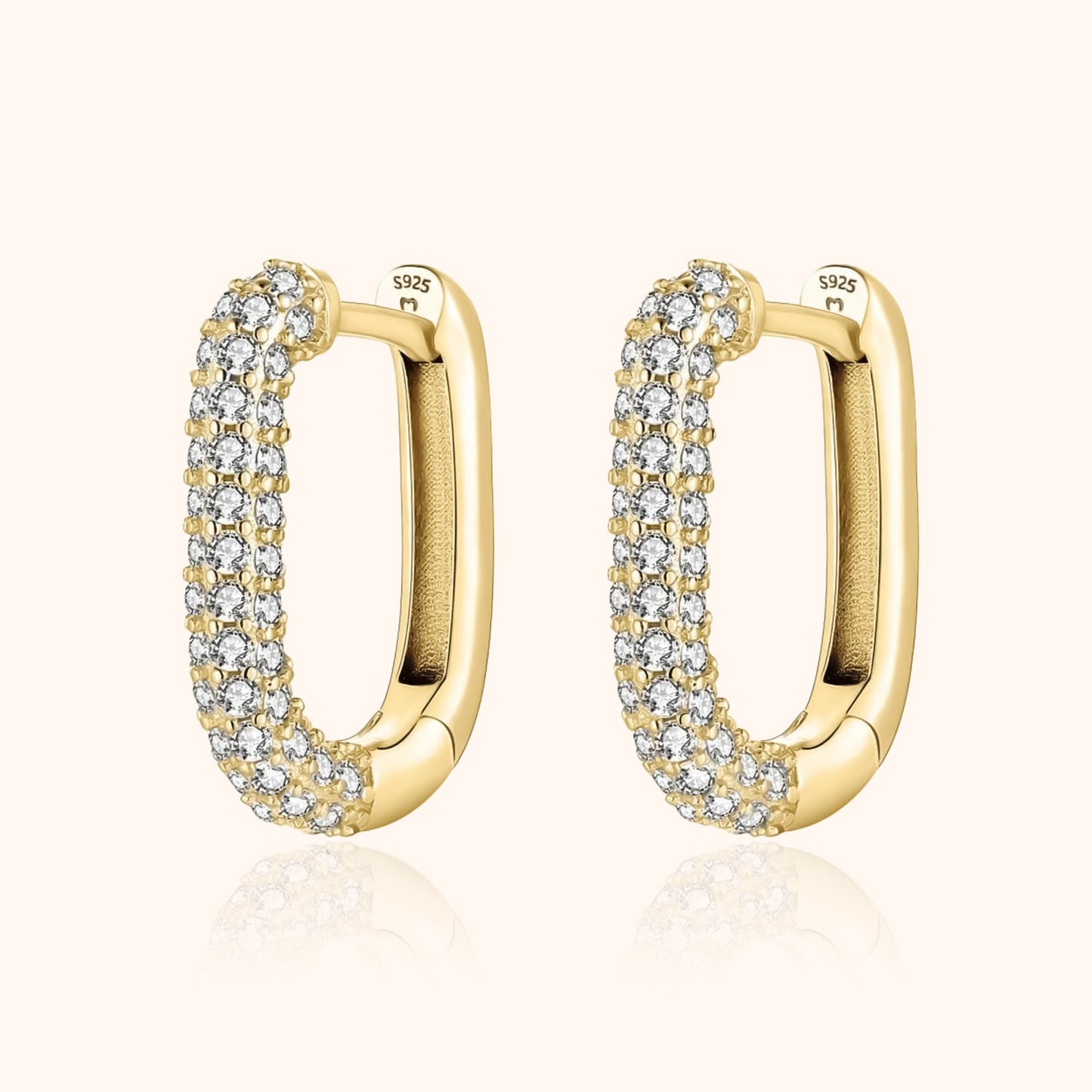 Goldene Creolen mit Zirkonia, rechteckig, 925er Silber, eleganter Schmuck für Damen.