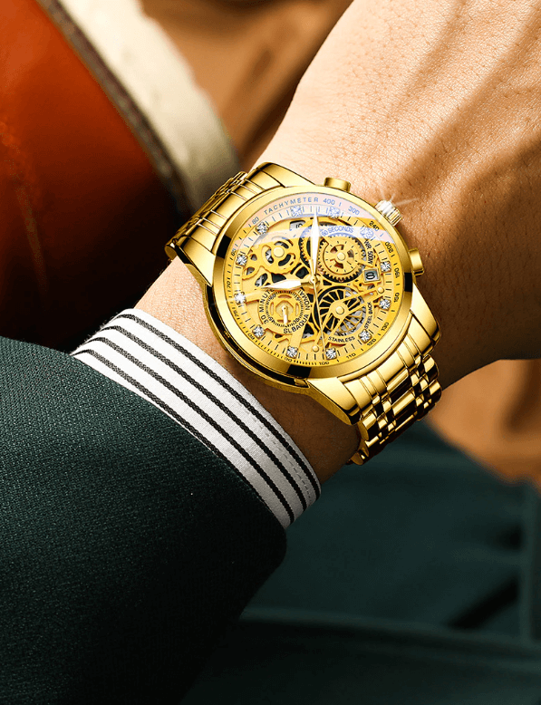 Goldene Skelettarmbanduhr, Herren, Edelstahl, luxuriöses Design, Chronograph, modisch.