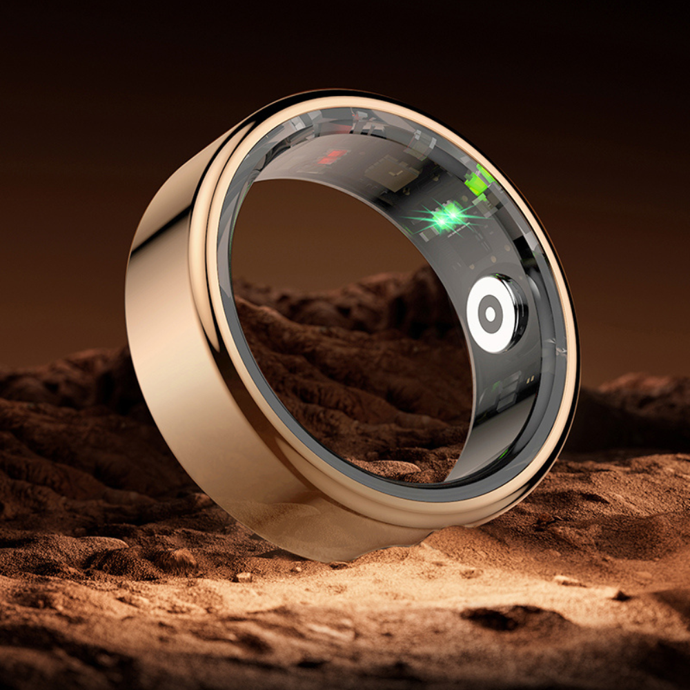 Goldener Smart-Ring auf Marsoberfläche, futuristisches Design, Technologie, Schmuck, Innovation.