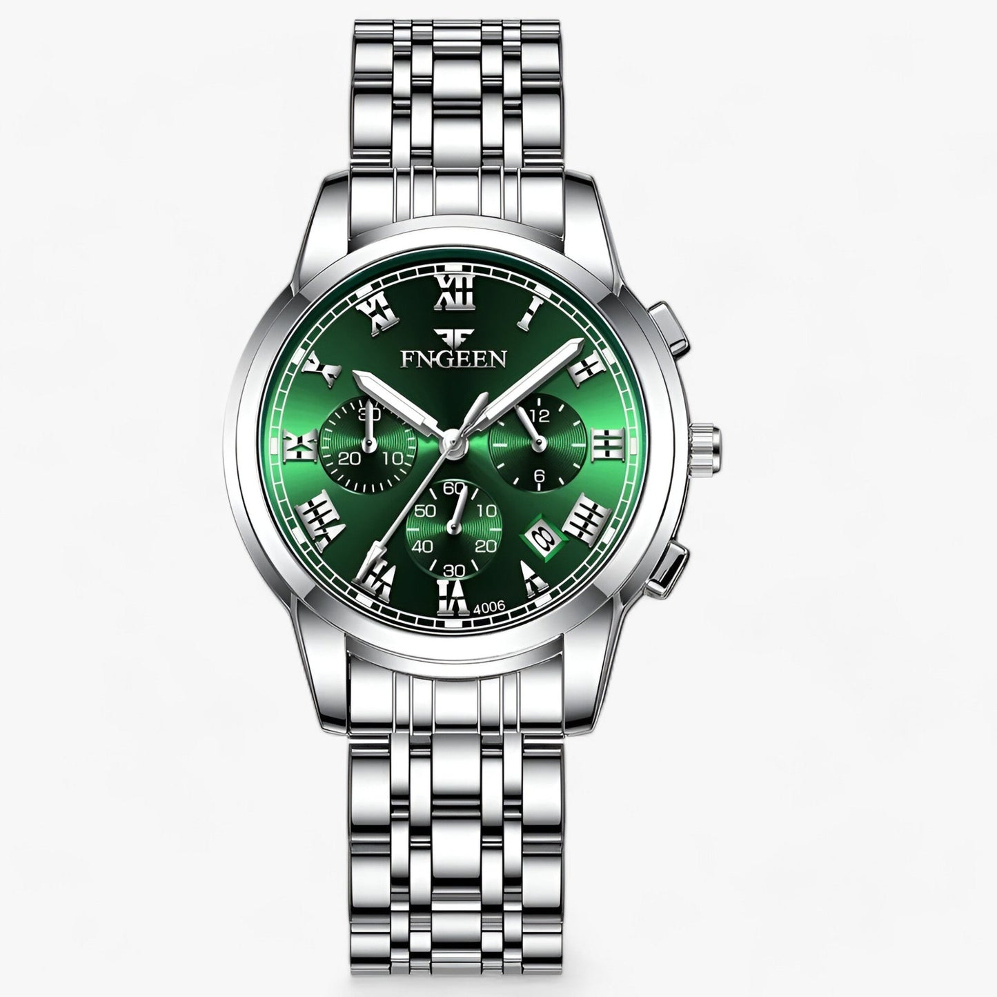 Silberne Herrenuhr mit grünem Zifferblatt, Edelstahlarmband, Chronograph, FNGEEN.