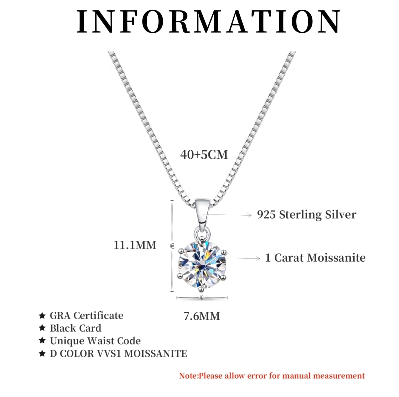 925 Sterling Silber Halskette, 1 Karat Moissanit, GRA-zertifiziert, 40+5cm, Schmuckanhänger.