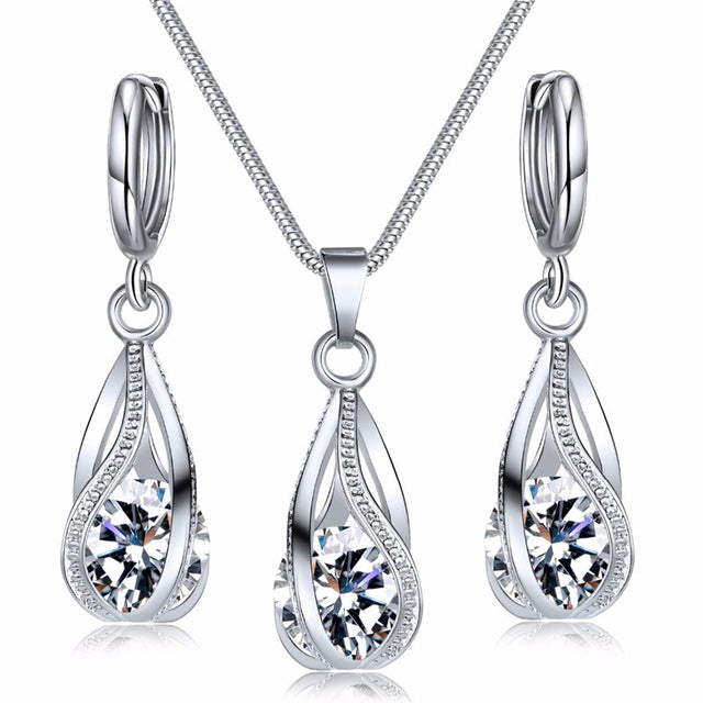 Silberne Zirkonia Halskette und Ohrringe Set, eleganter Kristallschmuck für Frauen Hochzeit.