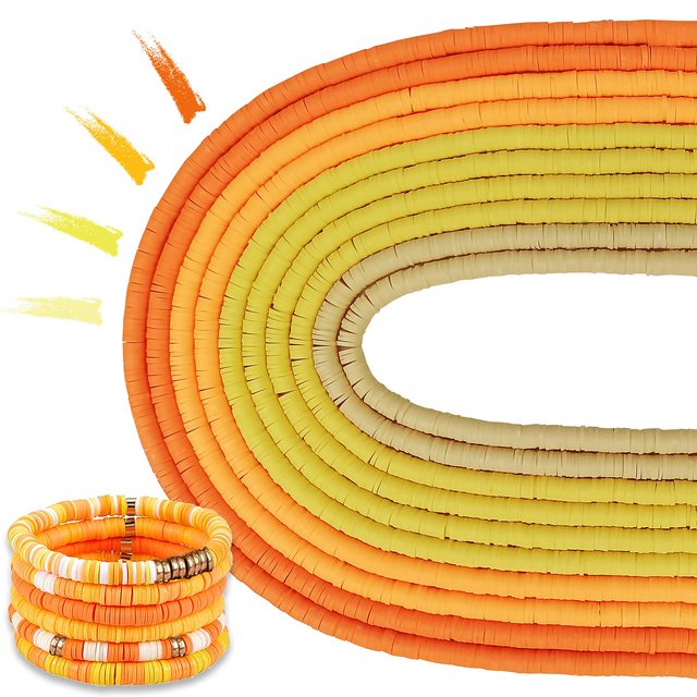 Bunte Heishi-Perlen aus Polymer, 6mm, für Schmuckherstellung, in Orange- und Gelbtönen.