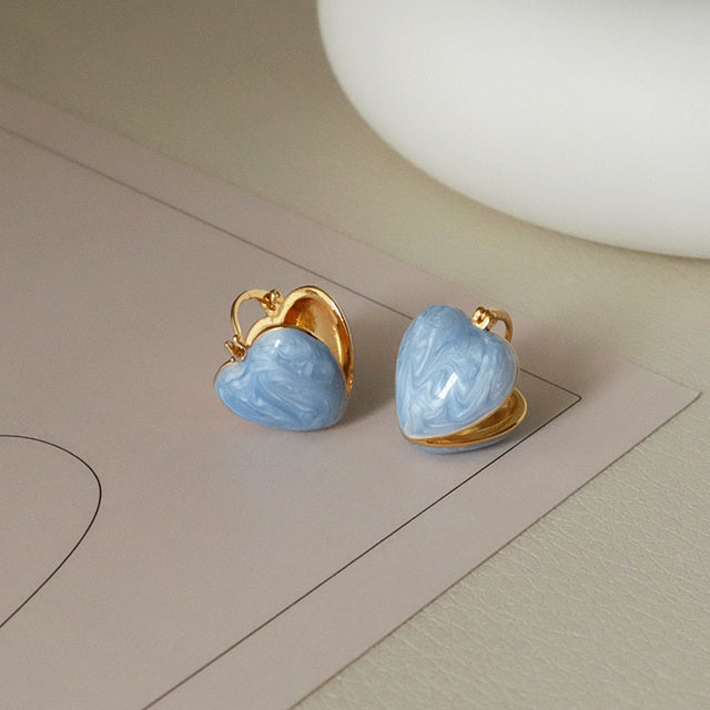 Blaue Herz-Ohrringe, goldumrandet, modisch, koreanischer Stil, Damen-Schmuck.