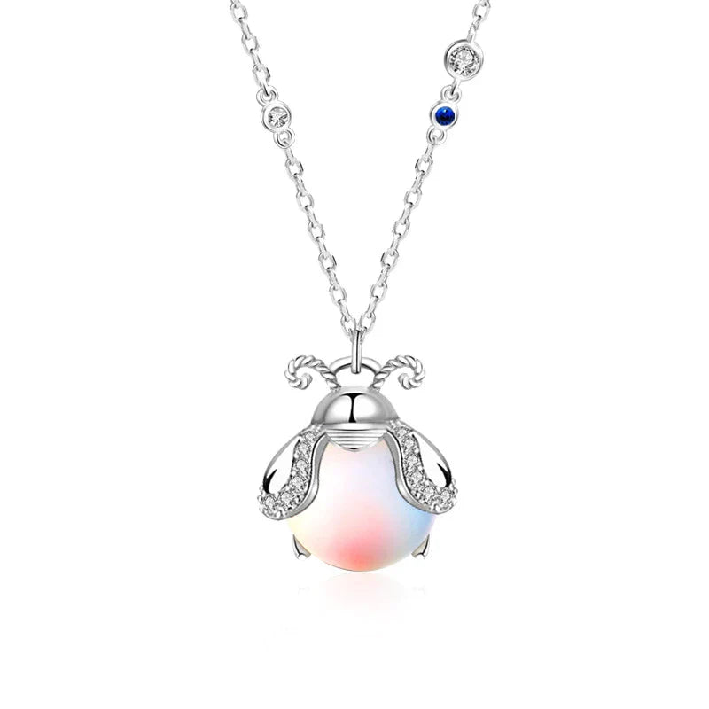 Silberne Käfer-Halskette mit Opal-Anhänger, Damen-Schmuck, elegantes Design