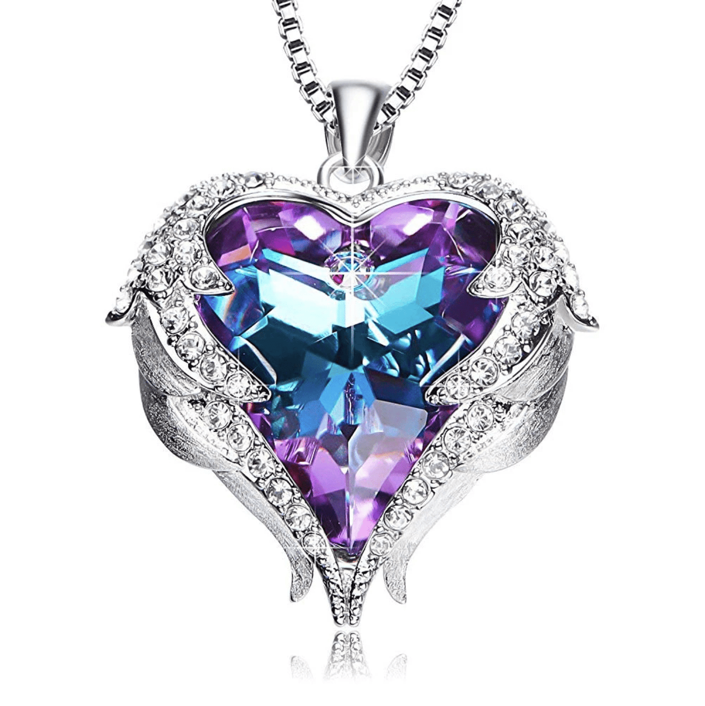 Herzförmige Halskette mit lila Kristall und Engelsflügeln, silberne Kette, Schutzengel Schmuck.