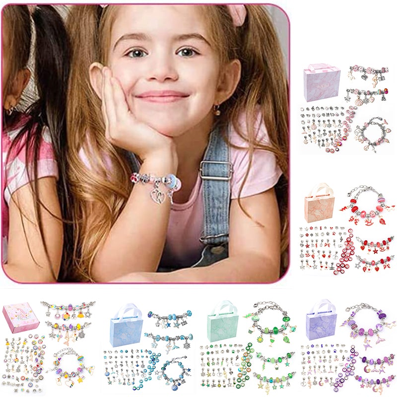 Mädchen mit Armband, rosa T-Shirt, Schmuckset, bunte Perlen, Geschenkbox, Kinderschmuck.