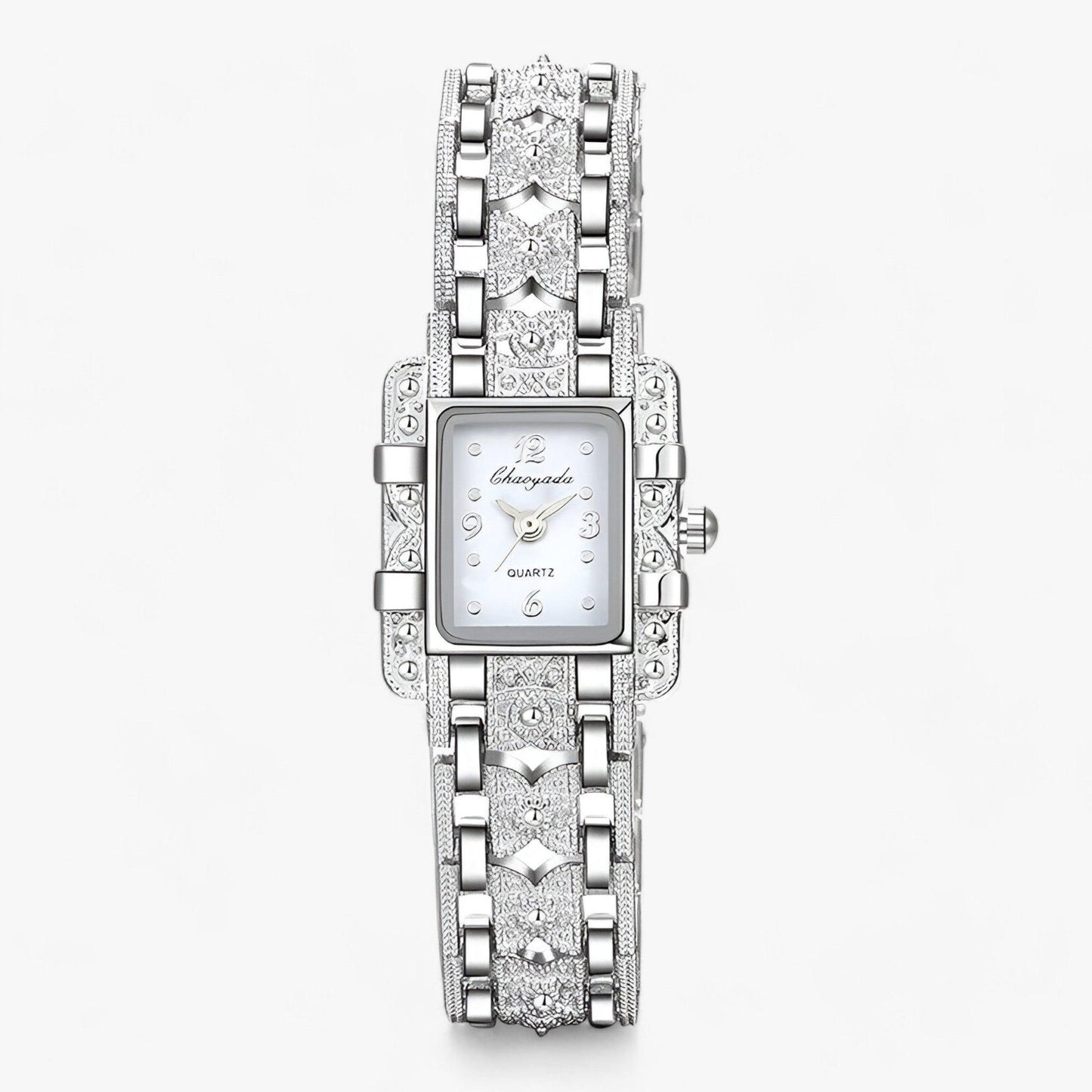 Luxus Damenarmbanduhr, silber, rechteckiges Zifferblatt, Strasssteine, elegantes Design.