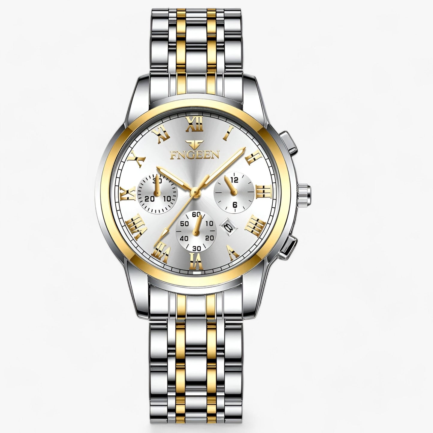 Luxus Herrenarmbanduhr, silber-gold, Edelstahl, Chronograph, römische Ziffern, stilvoll.