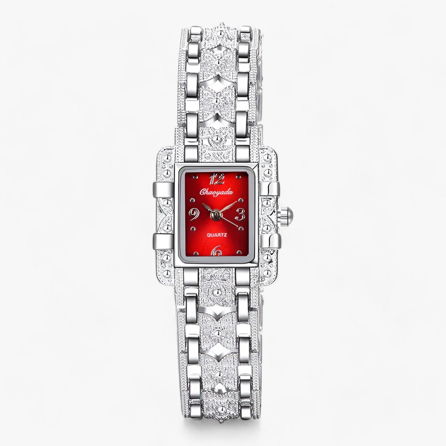 Silberne Damenarmbanduhr mit rotem Zifferblatt, rechteckig, Quarz, luxuriöses Design.