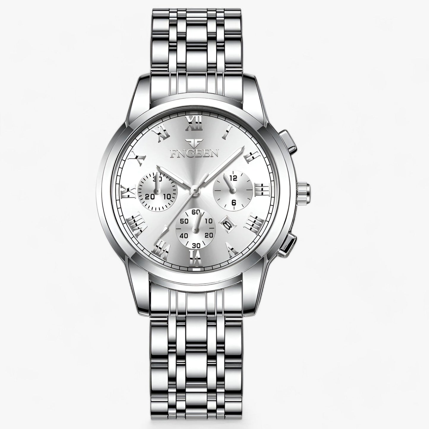 Silberne Edelstahl-Armbanduhr mit Chronograph, römischen Ziffern und Gliederarmband.
