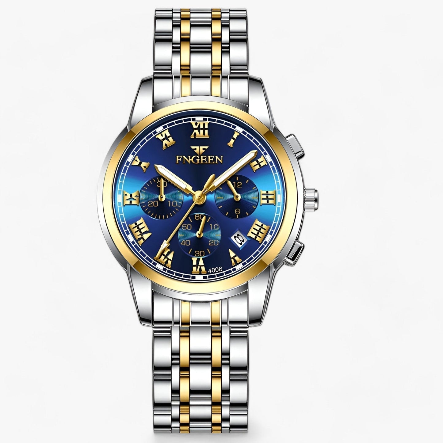 Luxus Herrenarmbanduhr, Edelstahl, blaues Zifferblatt, goldene Details, Chronograph, FNGEEN.